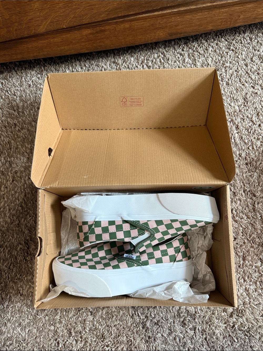 NWT VANS - green and pink checkered platform slip on